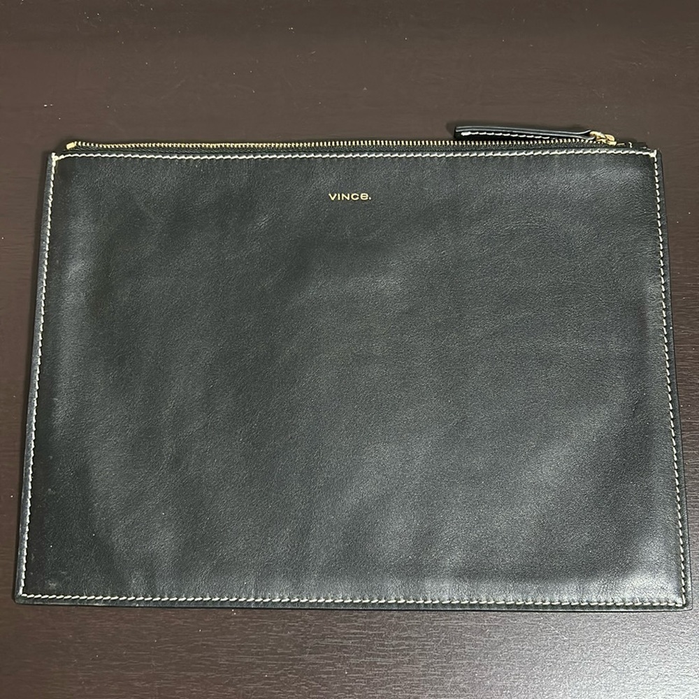 VINCE Black Leather And Suede Zippered Zip Canvas Envelope Bag Clutch